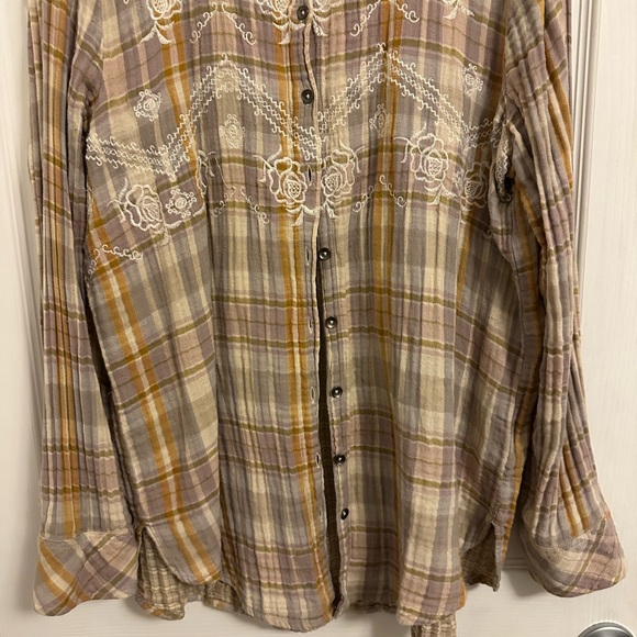 Free People Plaid Button-Up Shirt with Embroidered Details, size XL - Picture 4 of 9